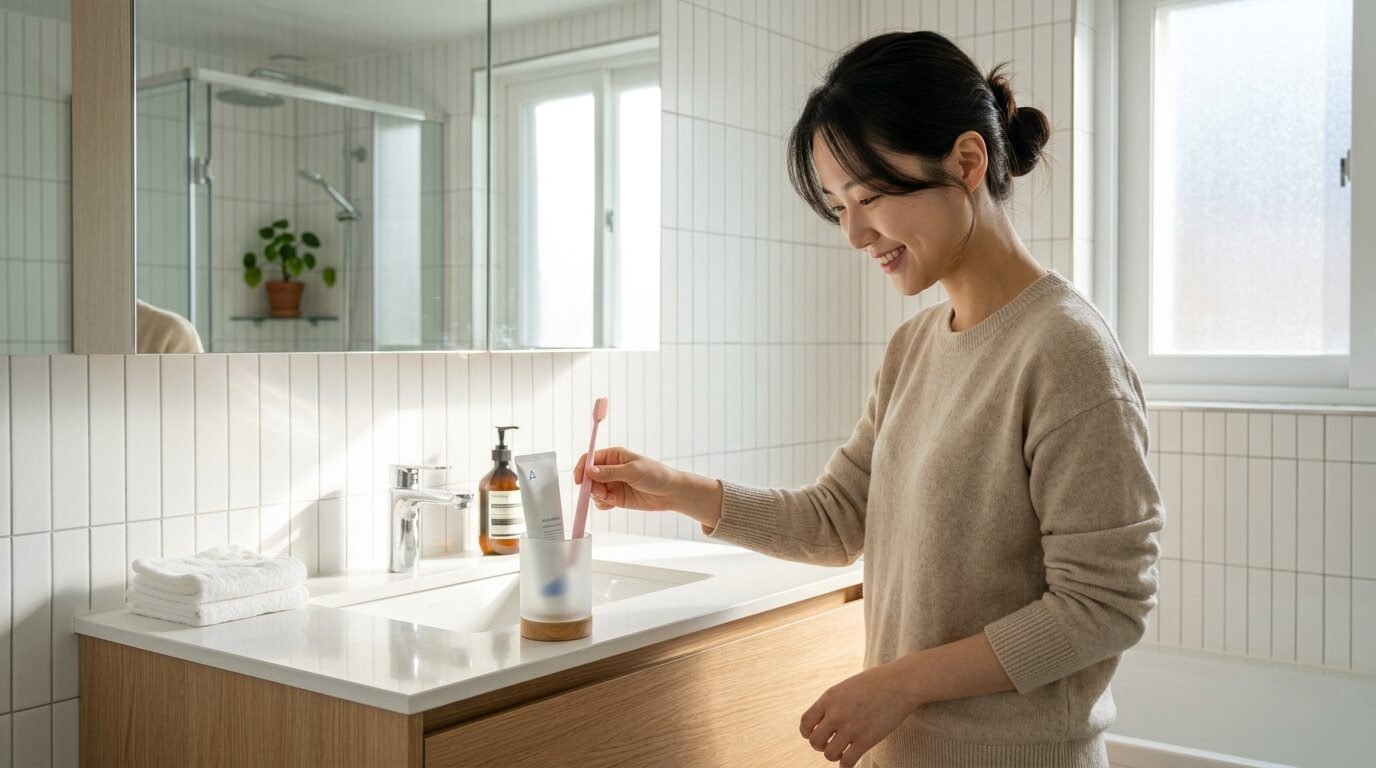칫솔 교체 주기에 맞춰 새 칫솔을 위생적인 보관 위치에 거치하는 모습