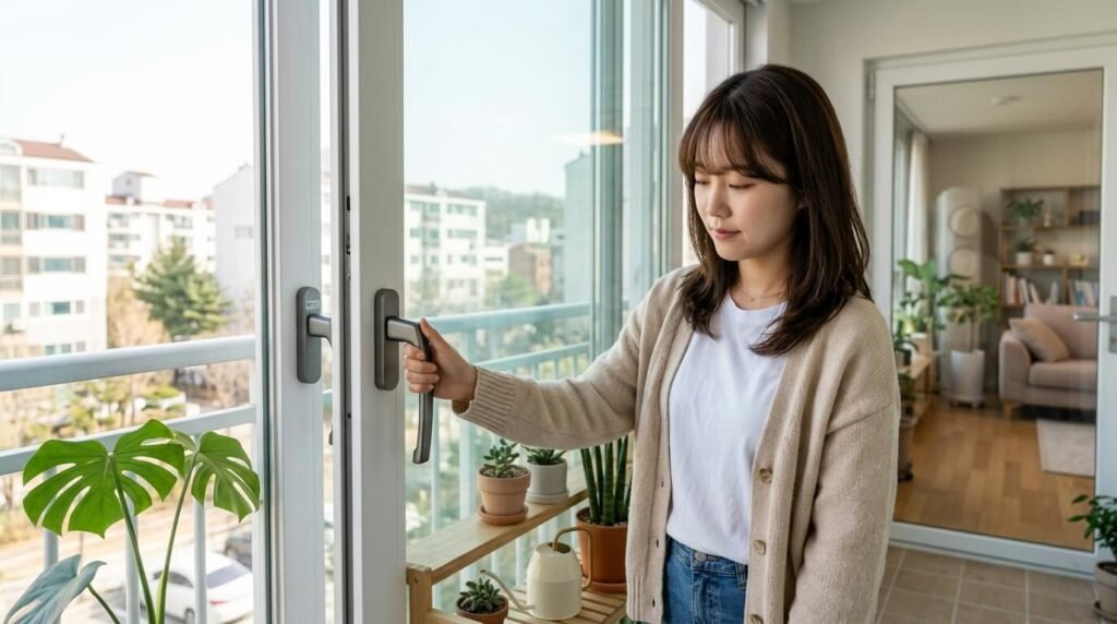 미세먼지 예보 보는 법의 농도 기준에 따라 창문 개방 유격을 좁게 조절하여 환기하는 장면