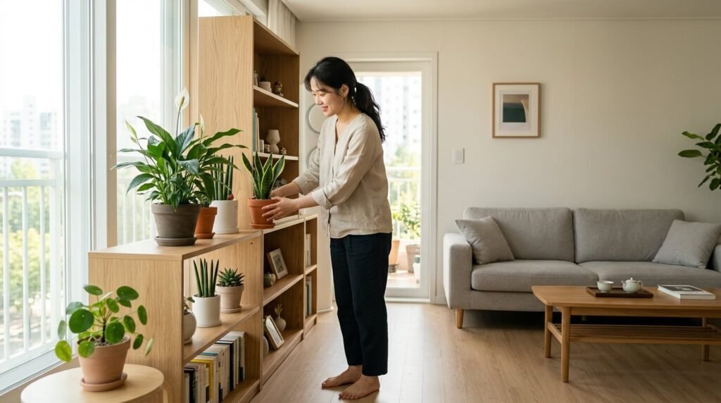 주거 면적과 실내 채광 수치에 맞춰 거실 선반에 미세먼지정화식물을 균형 있게 배치하는 모습