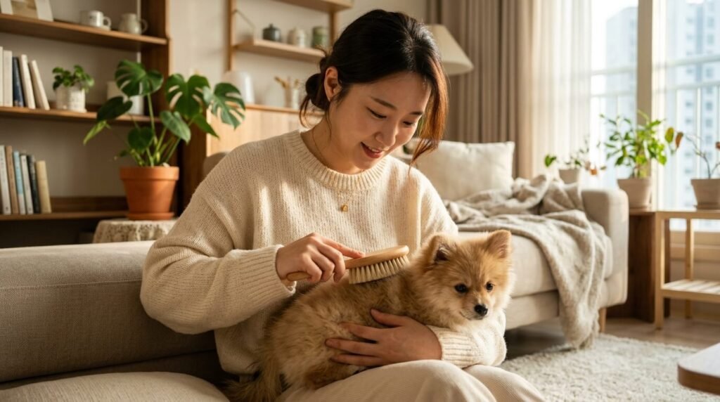 반려견 목욕시 주의사항 순서에 맞춰 물을 묻히기 전 사전 빗질로 엉킨 털을 풀어주는 젊은 여성