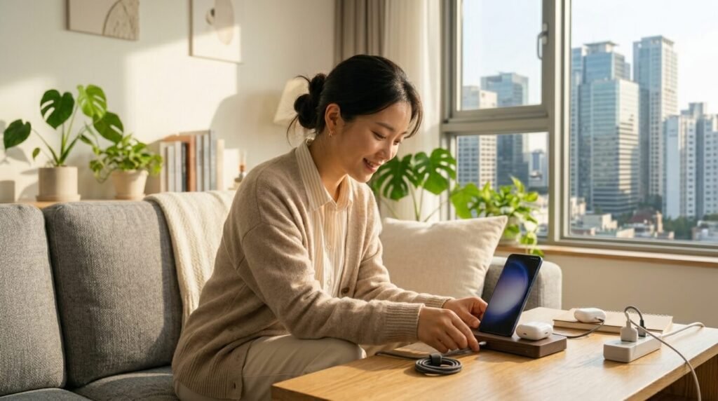 집에서 자주 잃어버리는 물건 유형 중 하나인 무선 이어폰을 거실 충전 거점에 나란히 거치해 두는 장면