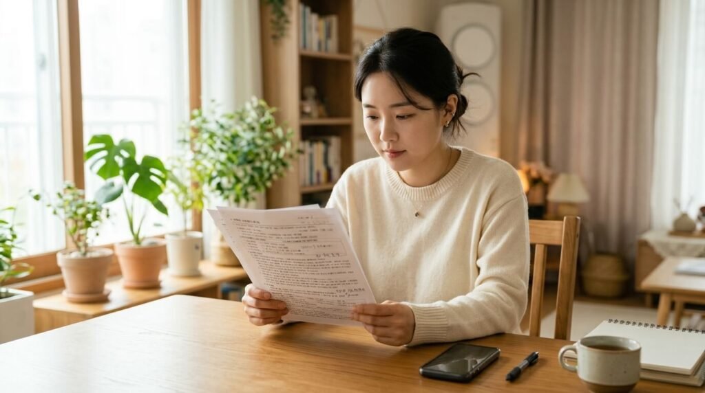 태풍으로 인한 피해보상금 종류 중 하나인 풍수해보험의 약관 수치와 가입 항목을 미리 점검하는 젊은 여성
