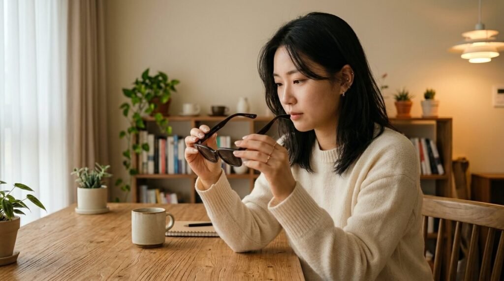 선글라스 렌즈 색상별 차이 오해를 예방하기 위해 렌즈 안쪽의 자외선 차단 인증 표시(UV400)를 세심하게 확인하는 행동