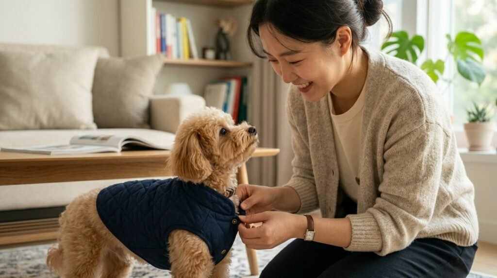 반려견 옷은 필수품인가의 기준에 맞춰 신축성이 좋은 부드러운 면 소재 옷을 강아지에게 입히는 모습