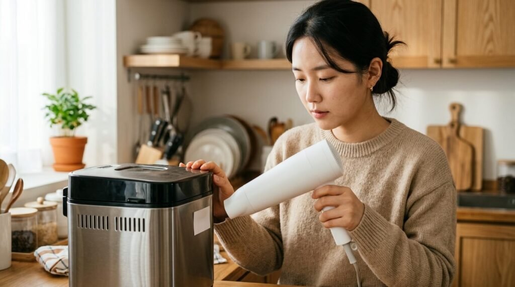 가전제품 스티커 자국의 결합력을 미리 약화시키기 위해 헤어드라이어의 미열을 고르게 쐬어주는 젊은 여성