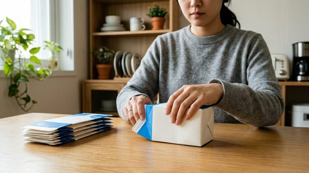 태풍 때 창문 깨짐 방지하는 방법 중 창틀 틈새 완충재로 사용할 빈 우유팩들을 모아 정돈하는 모습