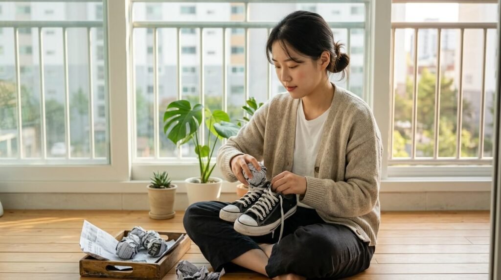 비 오는 날 신발 젖었을 때 내부 수분을 흡수하기 위해 신문지를 뭉쳐 밀착시키는 장면