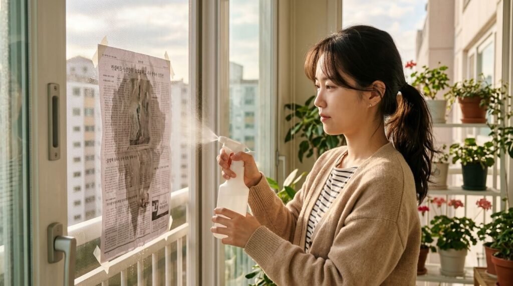 방충망 청소 방법 순서에 맞춰 분무기로 수분을 공급해 신문지를 밀착시키는 젊은 여성