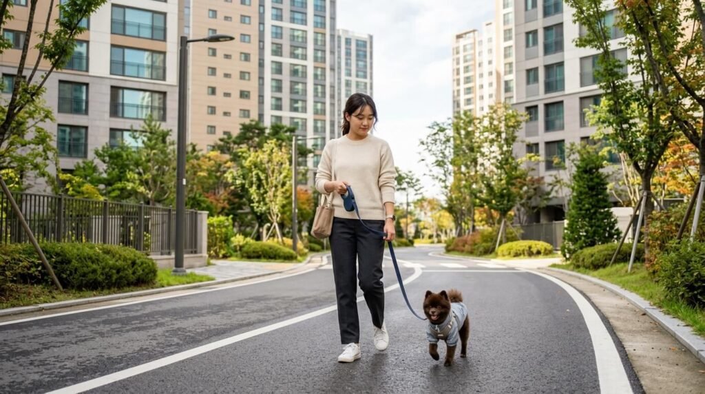 미세먼지 많은 날 반려동물 산책 시 풀숲을 피해 깨끗한 보도블록 동선 위주로 가볍게 이동하는 모습