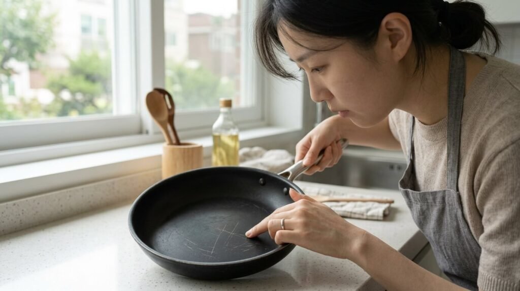 프라이팬 코팅 상태와 표면 잔긁힘을 육안으로 점검하는 과정