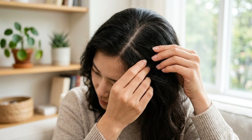 밝은 빛 아래에서 손끝으로 만져보며 두피 유형별 특징을 직접 점검하는 과정