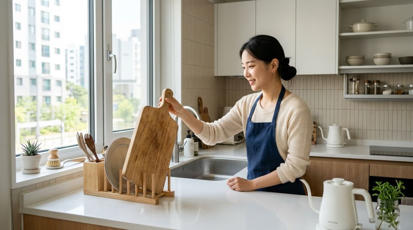 도마 관리법에 맞춰 세척 후 깨끗하게 건조 중인 주방 도마 모습