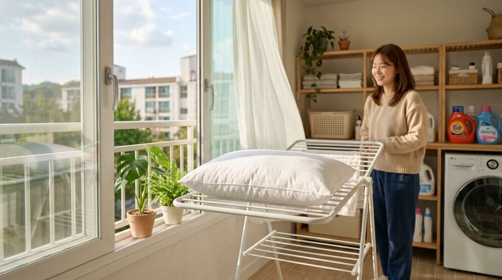 베개솜 세탁 후 내부 수분까지 말리기 위해 평평한 건조대에 뉘어서 건조하는 모습