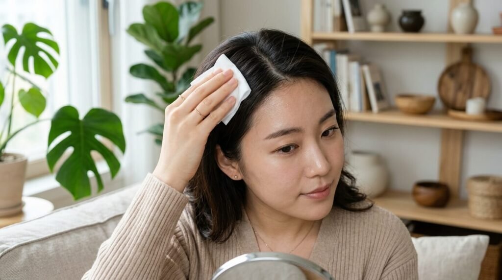 정수리 유분 분비량을 확인하여 지성 상태의 두피 유형별 특징을 분별하는 장면