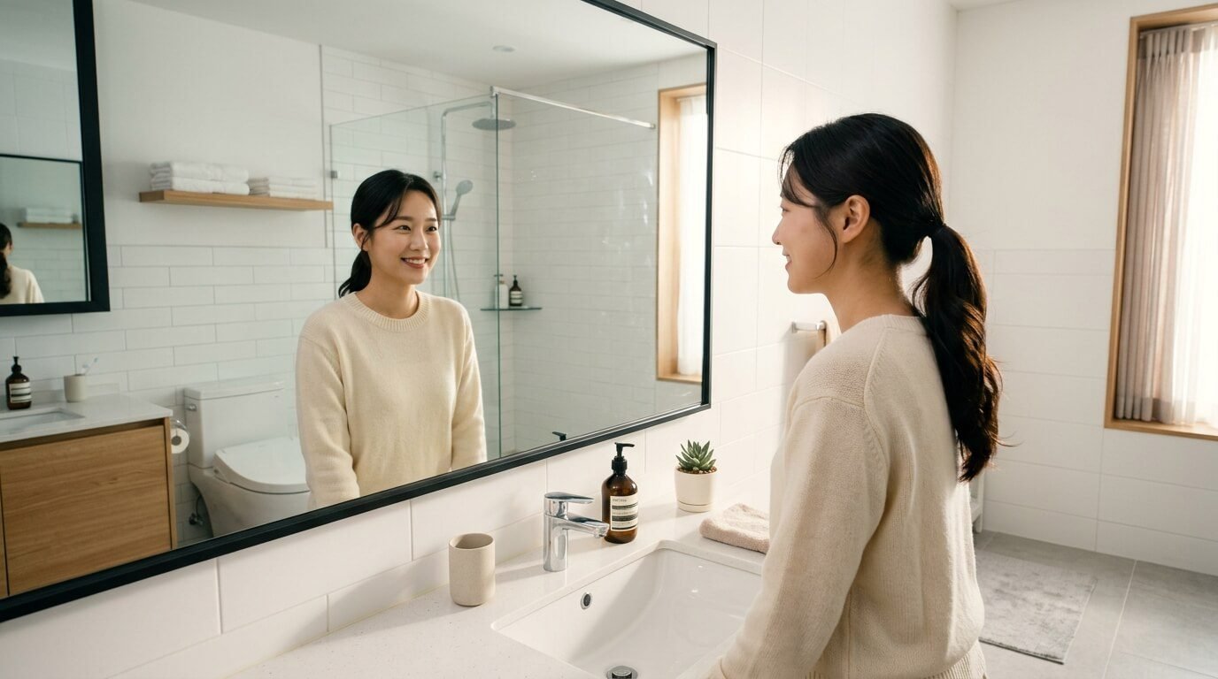 자신의 머리 피부 상태를 거울로 확인하며 두피 유형별 특징을 파악하는 모습