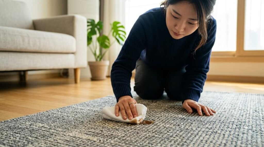 오염에 강한 폴리에스터 러그의 얼룩을 닦아내며 러그 소재 종류 특징을 확인하는 장면