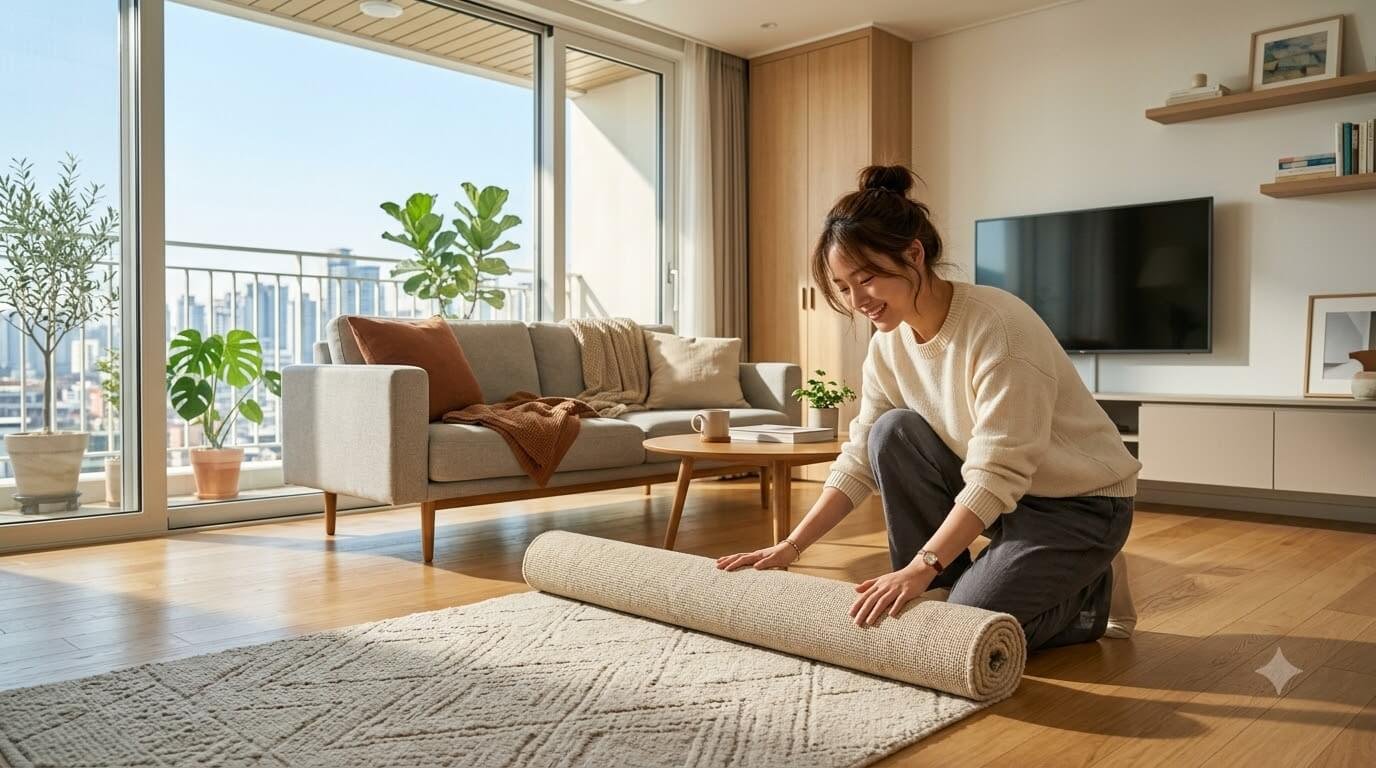 러그 카펫 차이를 살피고 거실 바닥에 맞춤형 러그를 펼쳐놓는 모습