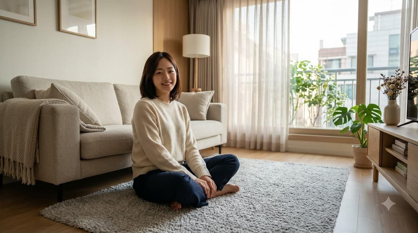 거실 공간에 깔린 러그 소재 종류 특징을 살피며 보송함을 확인하는 모습