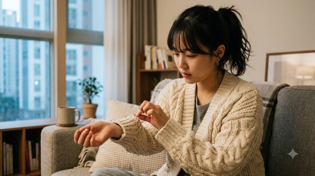 일상 착용 중 소매 안쪽에 발생한 옷 보풀 제거 필요 부위 점검