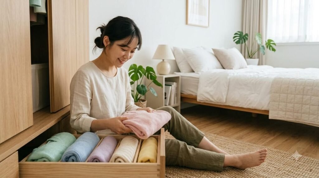 결을 정돈하고 옷 보풀 제거를 마친 니트를 서랍에 가지런히 보관하는 모습