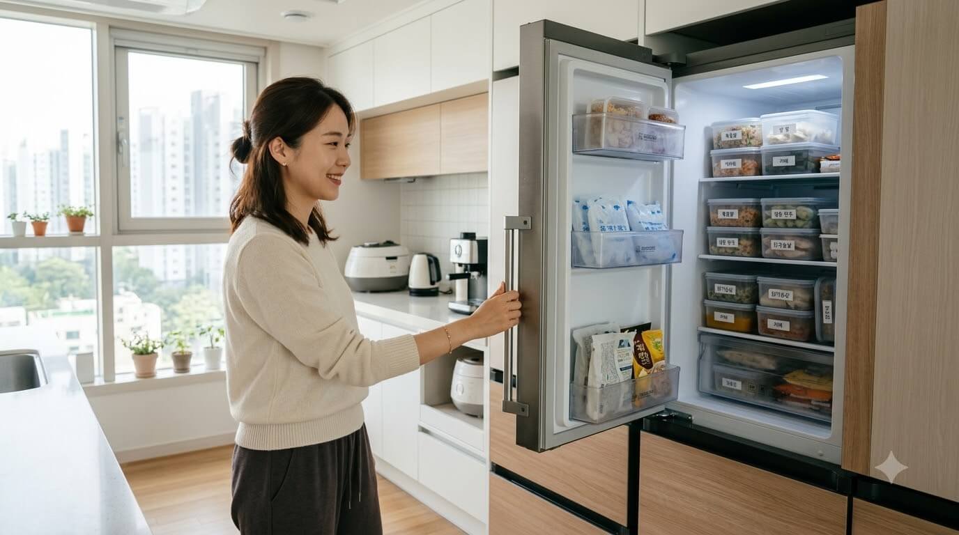 주방에서 냉동실 성에 줄이는 방법 원칙에 맞춰 내부 상태를 살피는 모습