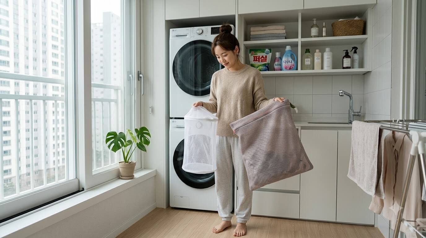 다양한 세탁망 종류를 손에 들고 꼼꼼하게 살펴보는 모습