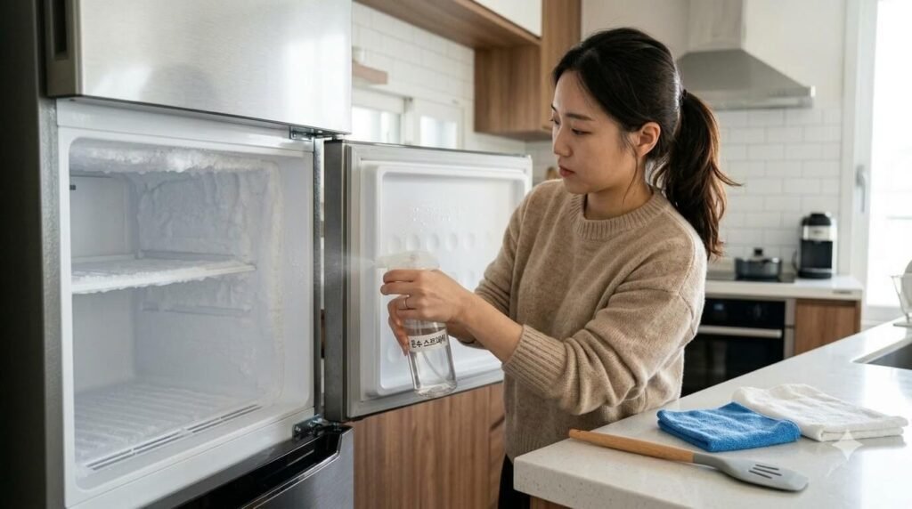 얼음을 긁지 않고 부드럽게 녹여내는 냉동실 성에 줄이는 방법 손질 장면