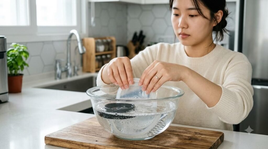 묵은 때를 불려내어 텀블러 냄새 제거 효과를 돕는 담금 세척 장면