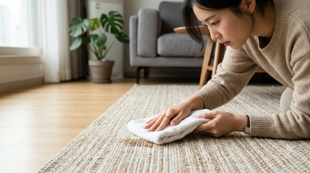 얼룩이 번지지 않도록 러그 세탁법 카펫 청소법 요령에 맞춰 수분을 눌러 닦아내는 장면