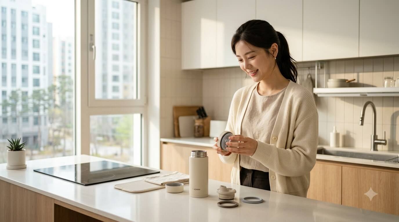 주방 싱크대 앞에서 텀블러 냄새 제거 상태와 내부를 살피는 모습