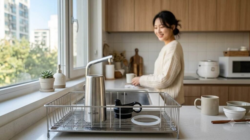 바람길을 열어 바짝 말리며 텀블러 냄새 제거 마무리를 실천한 건조대 모습